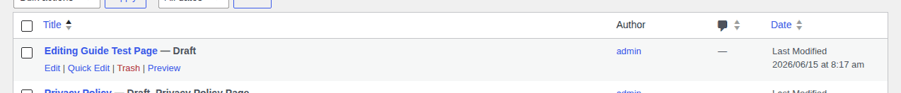 WordPress Pages list showing the Edit action for a page