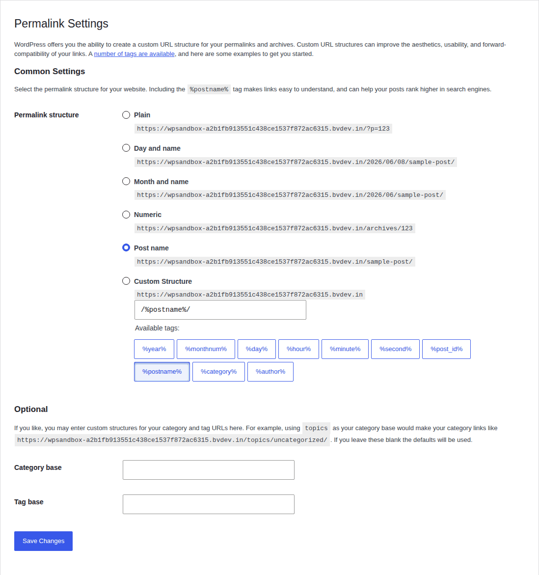WordPress permalink settings showing pretty permalinks before multisite setup