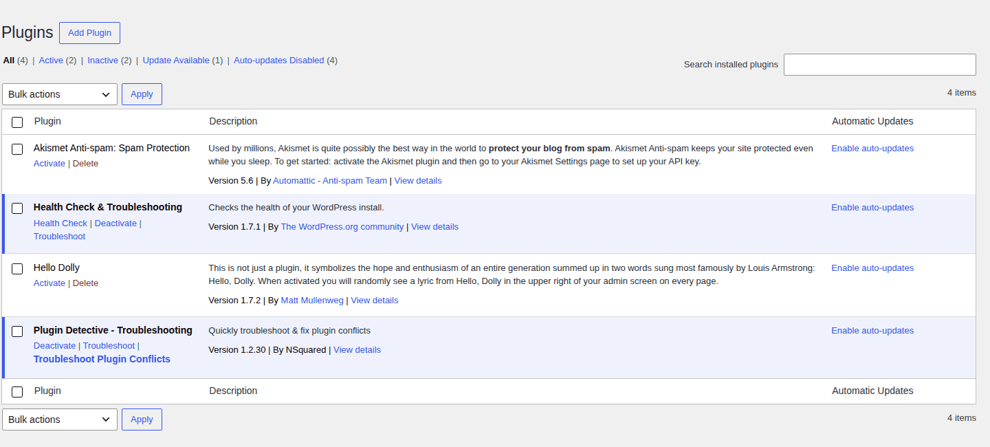 WordPress Plugins screen showing active and inactive plugins before conflict testing