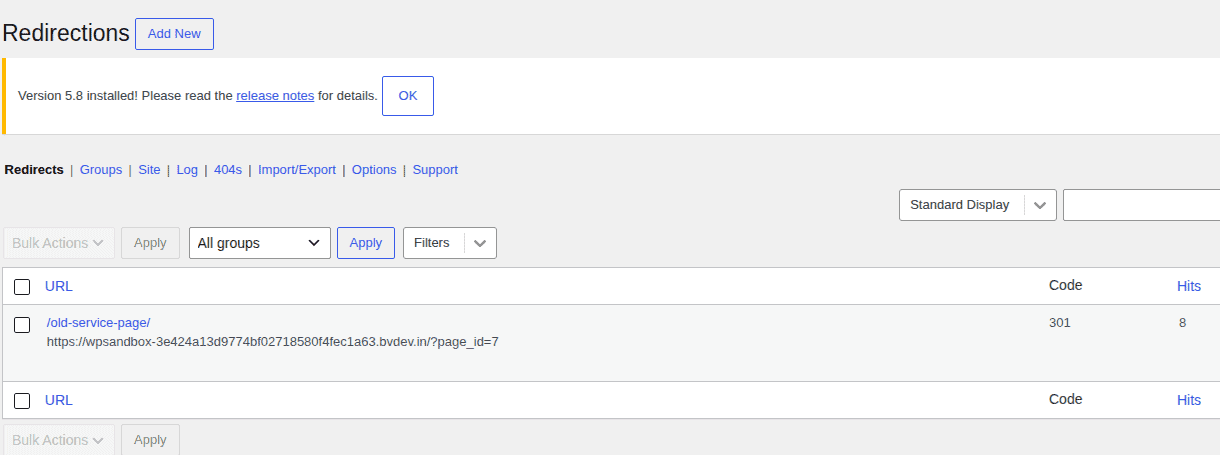 Redirection plugin screen showing a saved 301 redirect rule