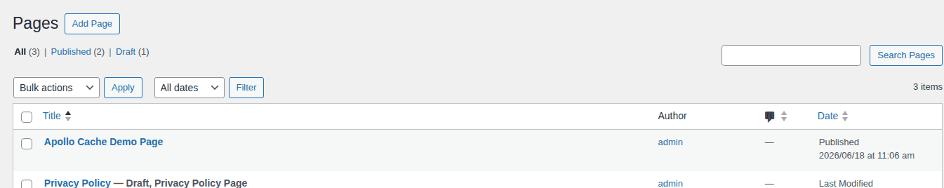 WordPress Pages screen showing a published page to check before clearing cache