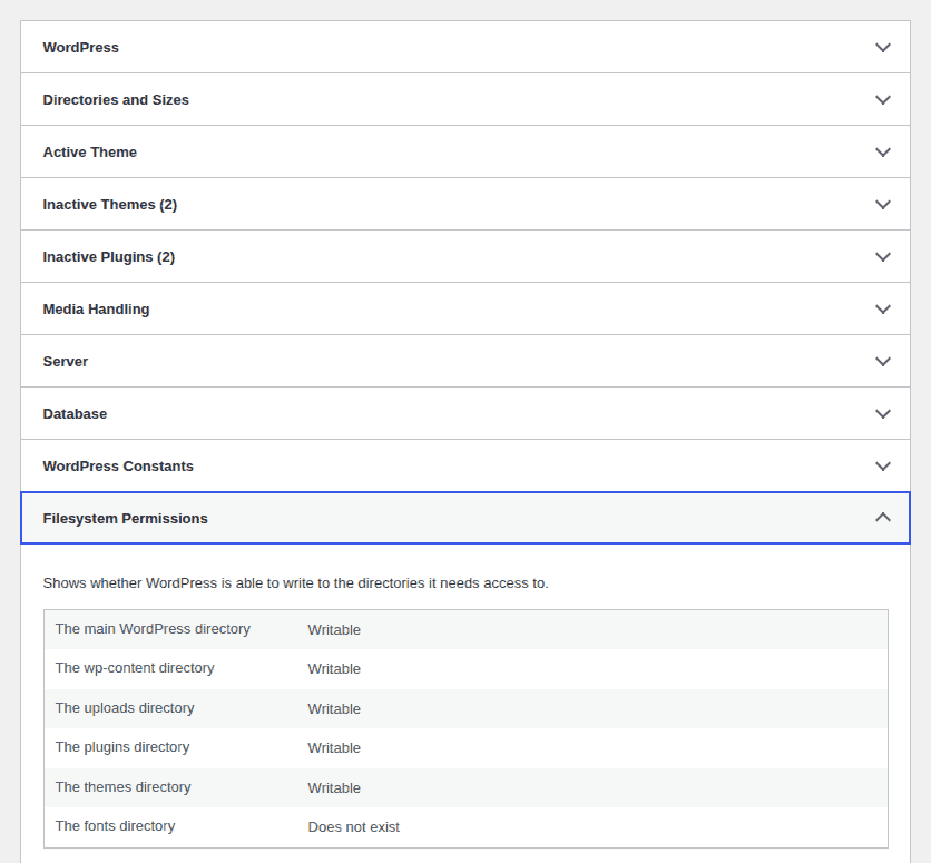 WordPress Site Health filesystem permissions panel
