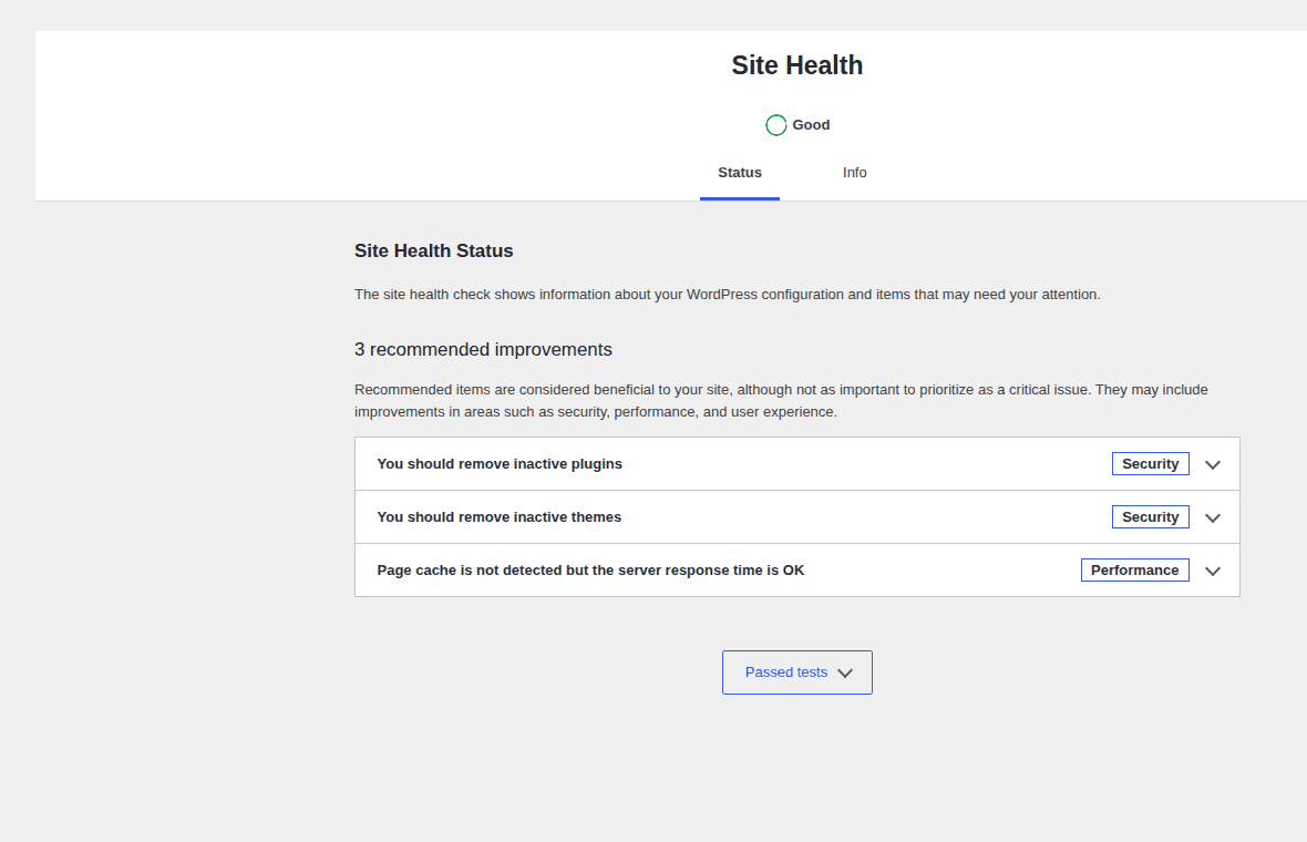 WordPress Site Health screen with Status and Info tabs