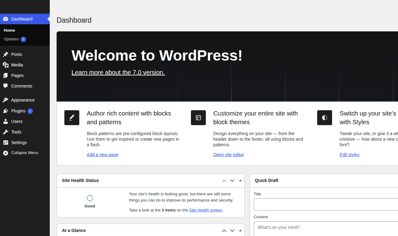 WordPress dashboard used as the shared admin center for a network
