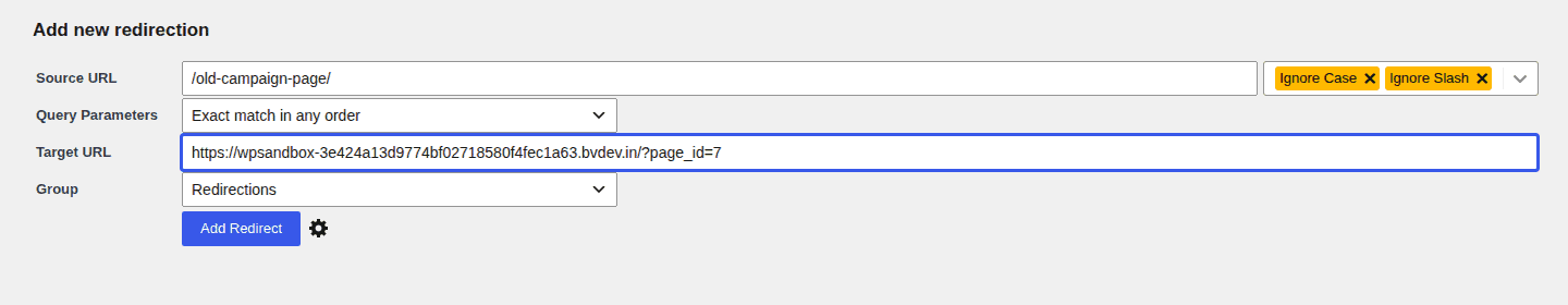Add new redirection form with source URL and target URL fields