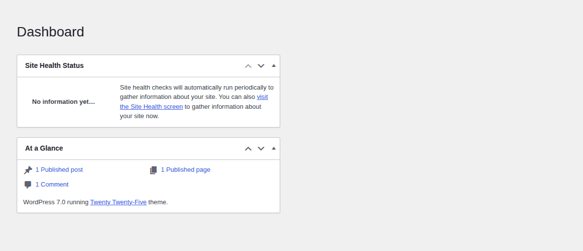 WordPress admin update area used before preparing a manual update
