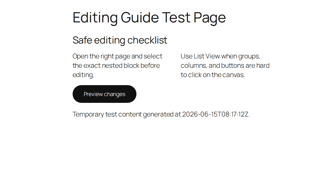 WordPress block editor canvas with editable page blocks
