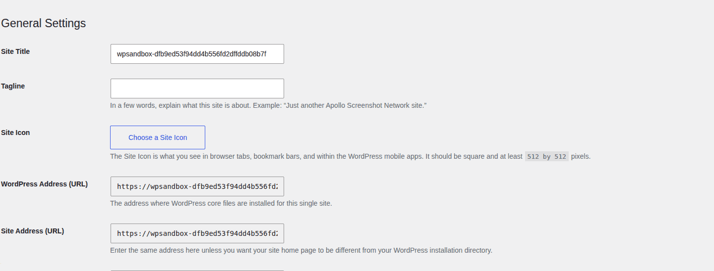 Single-site WordPress General Settings showing site identity fields