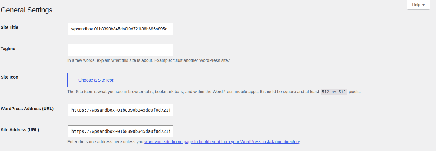 General WordPress settings showing the primary site URL for the installation