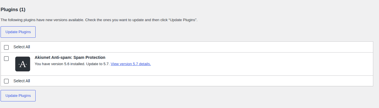 WordPress plugin update screen showing available updates before troubleshooting