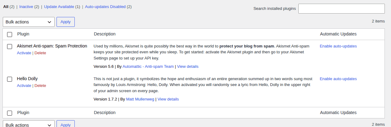 WordPress Installed Plugins screen for disabling plugins during troubleshooting