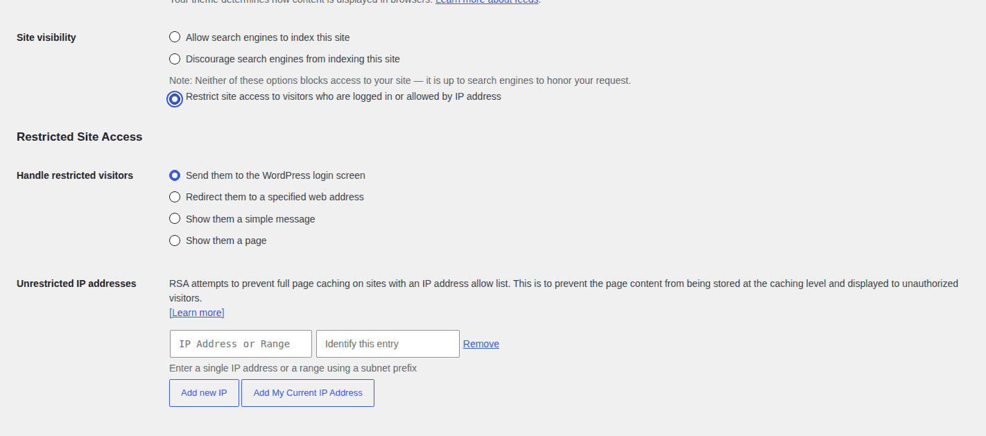 Restricted Site Access settings for making a self-hosted WordPress site private