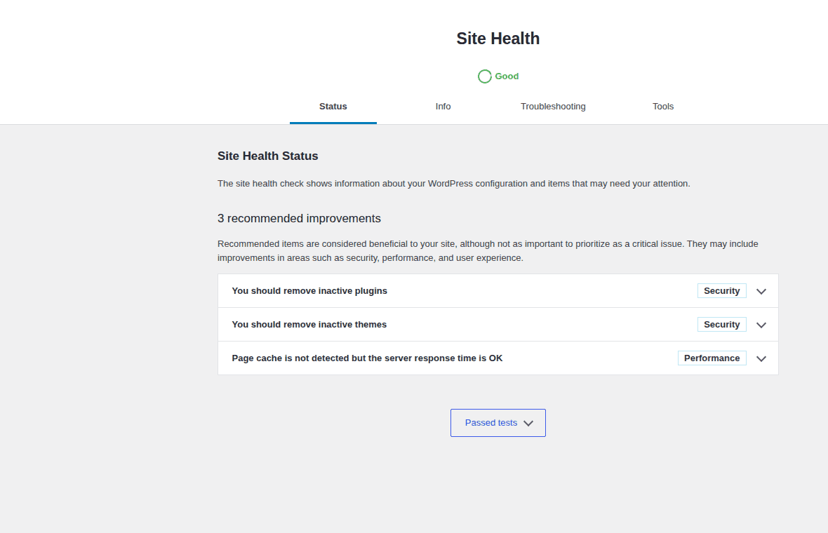 WordPress Site Health screen with recommended status checks
