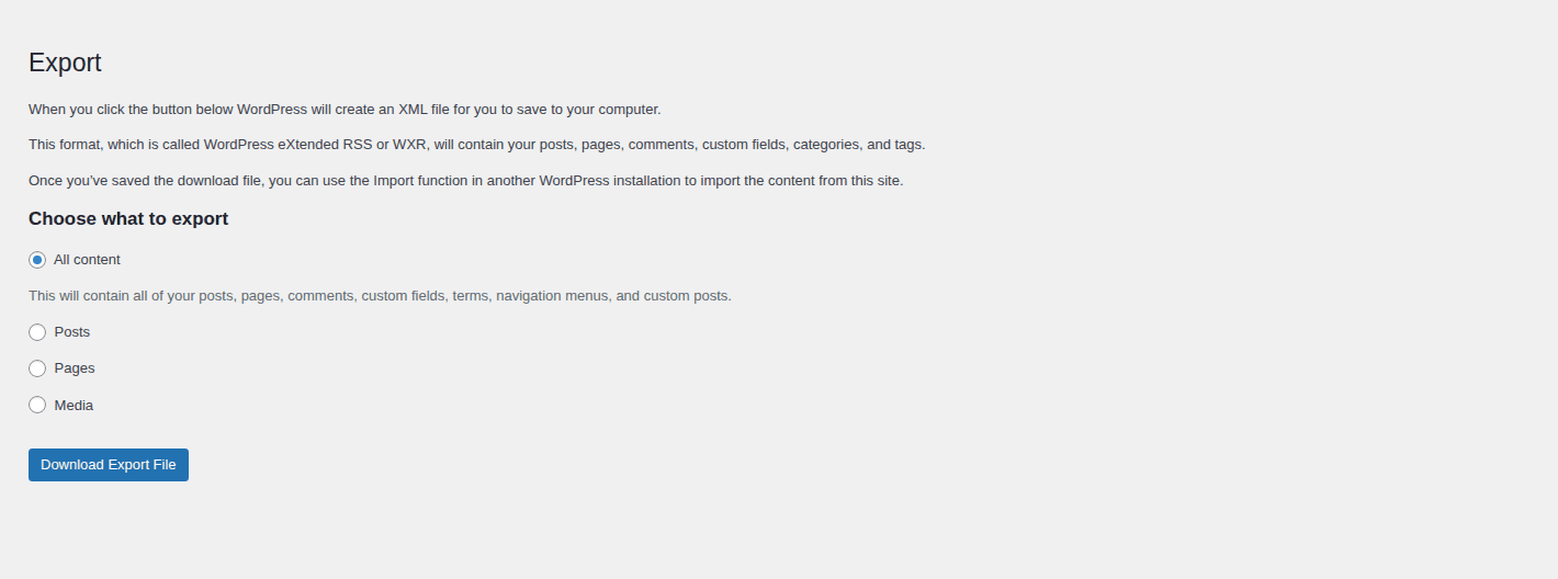 WordPress export screen with all content selected