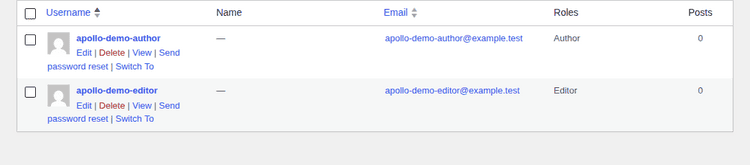 Users table with User Switching actions for demo accounts
