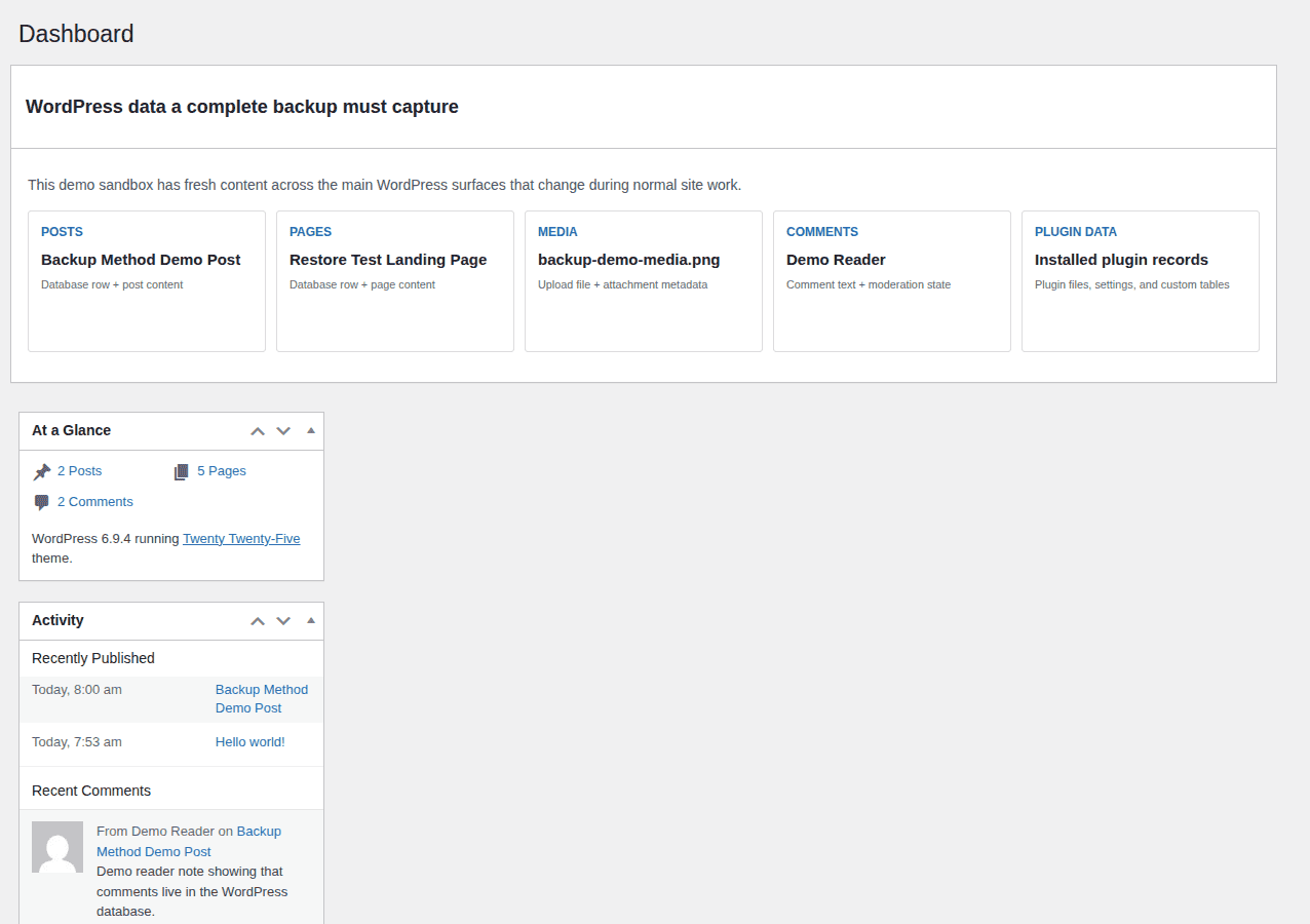 WordPress admin areas that need backup coverage