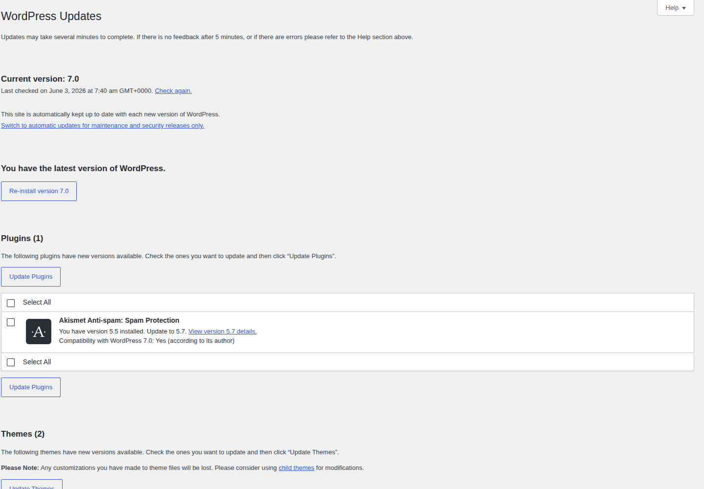 WordPress Updates screen showing update checks