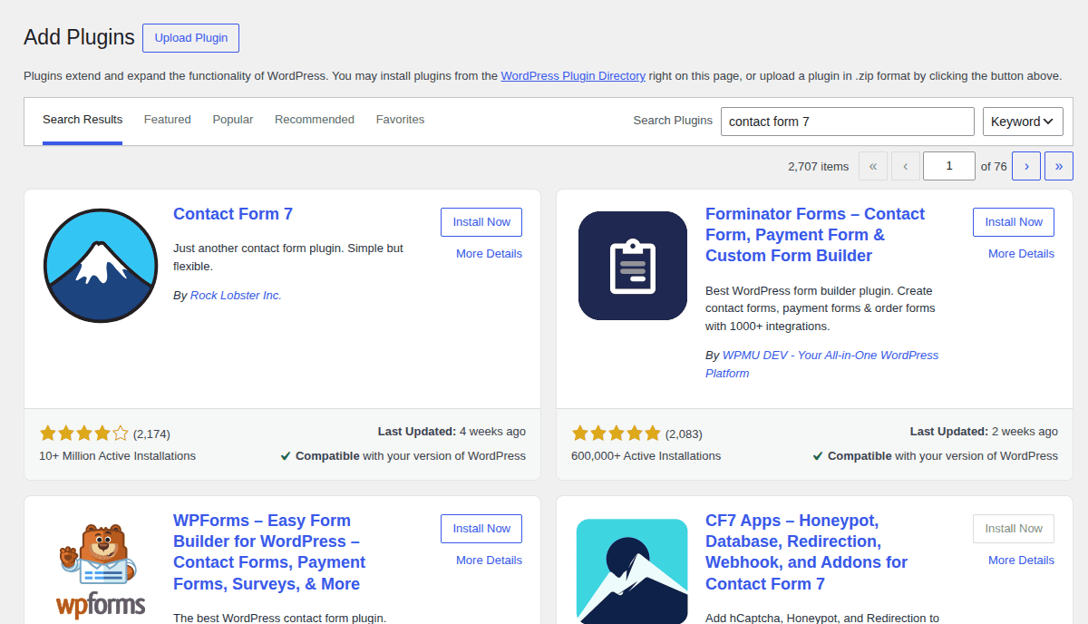 Add Plugins screen showing official WordPress plugin search results