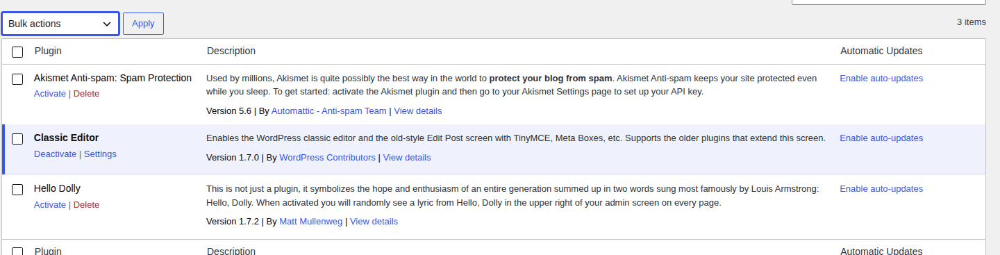 Bulk actions dropdown for enabling plugin auto-updates