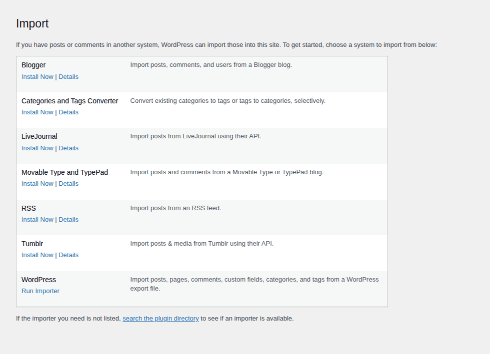 WordPress importer option on the destination site