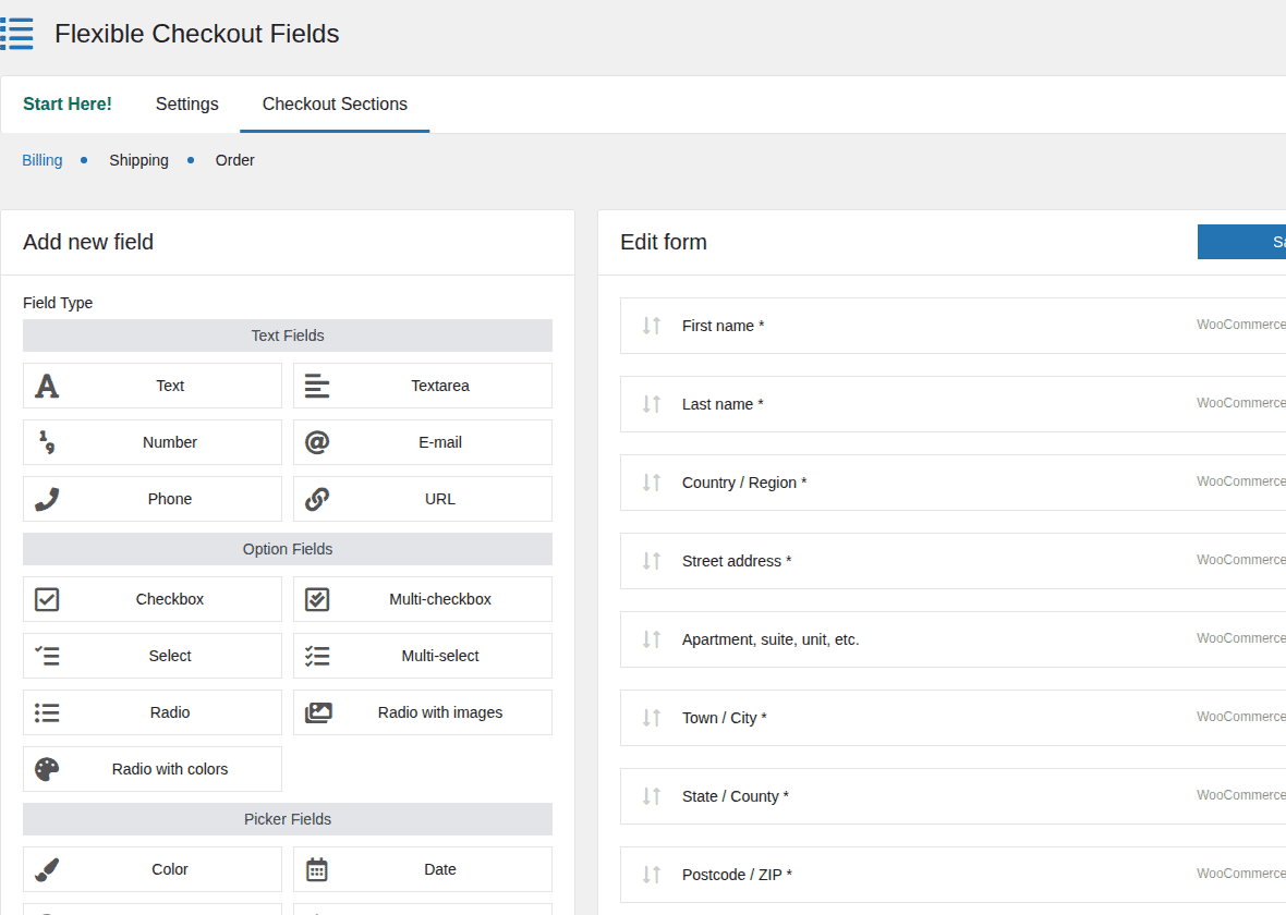 Flexible Checkout Fields settings screen with field controls