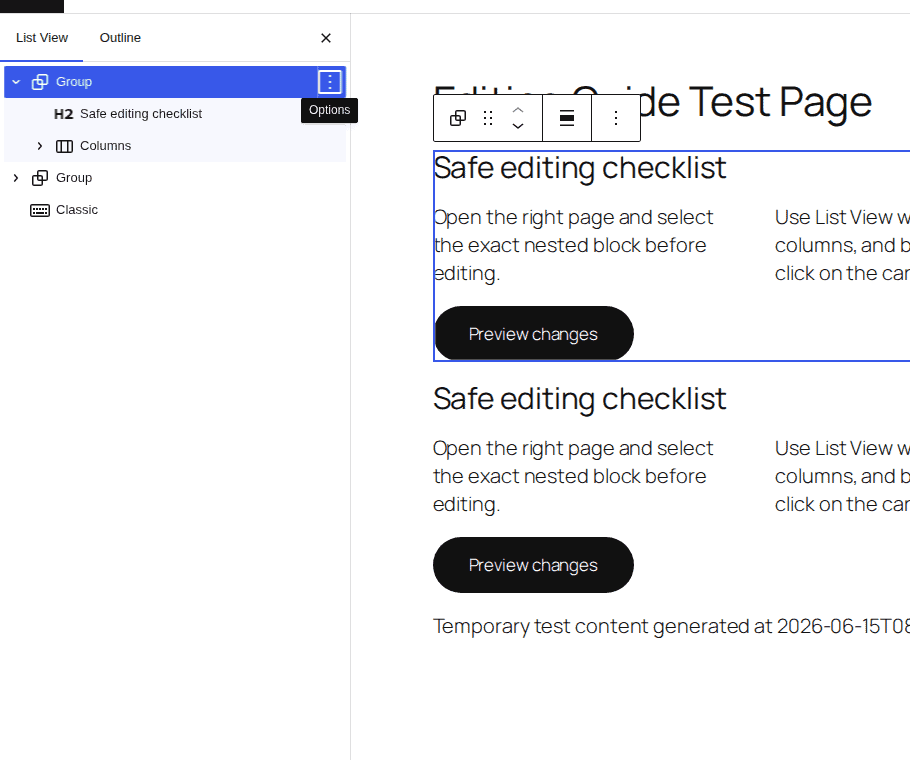 WordPress List View panel showing nested page blocks