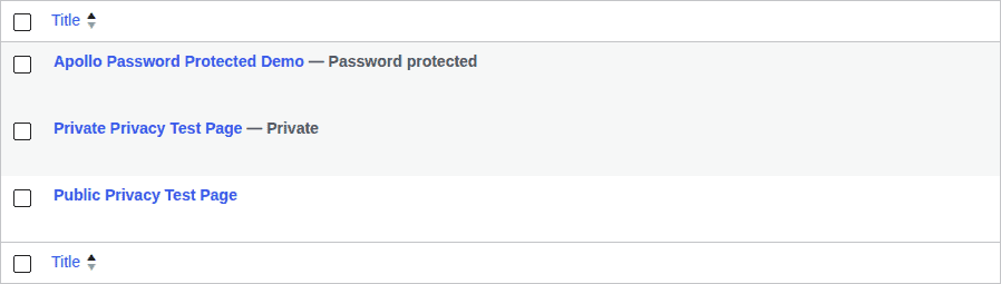 WordPress pages list showing public, private, and password-protected statuses