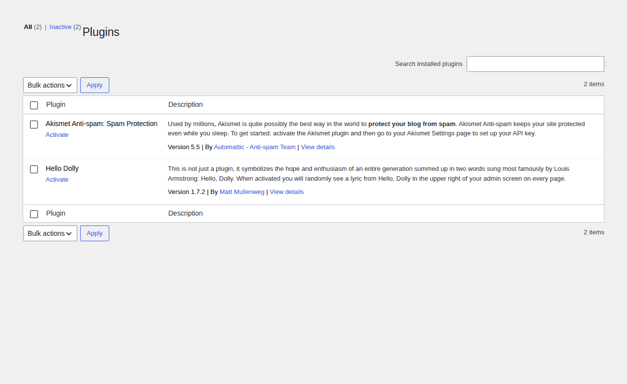 Single-site WordPress Installed Plugins screen