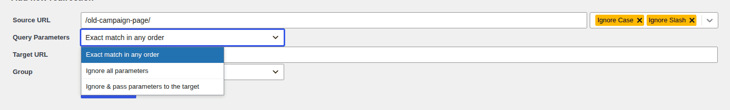 Redirection plugin query parameter options in the add redirect form