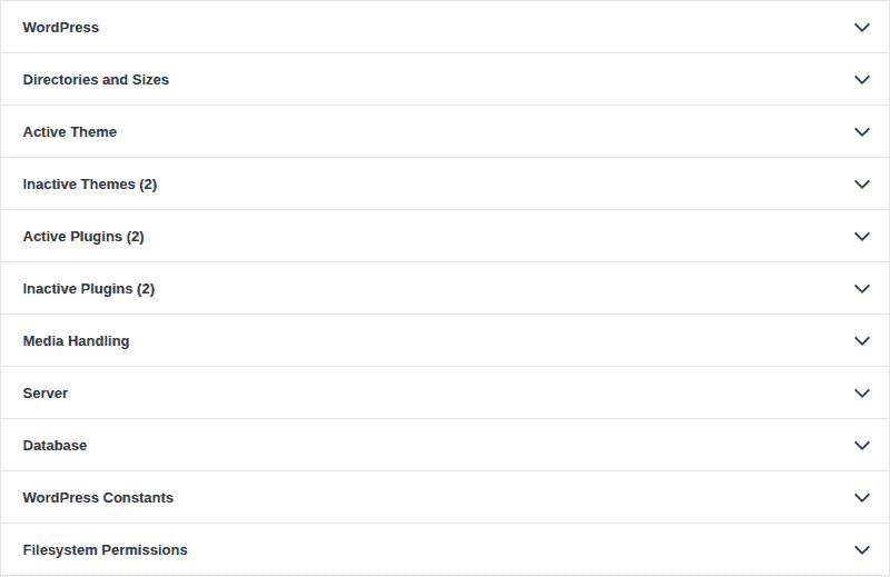 Site Health Info tab with collapsed support detail sections