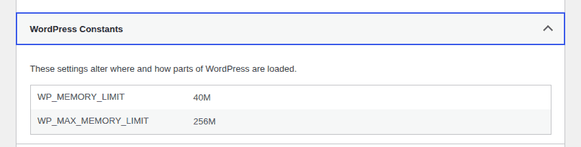 WordPress Site Health constants showing WP_MEMORY_LIMIT and WP_MAX_MEMORY_LIMIT