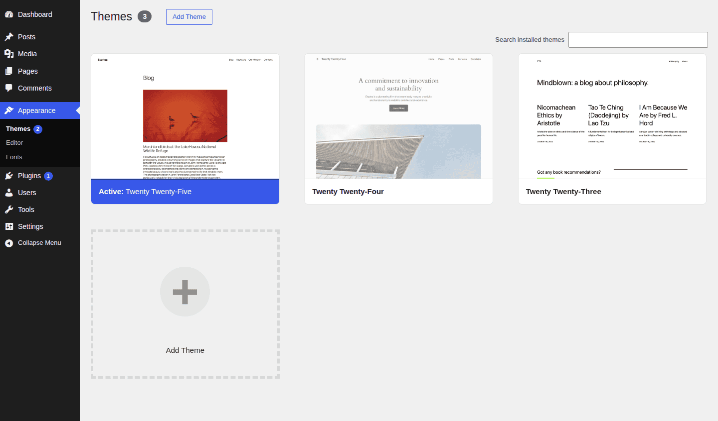 WordPress Themes screen used to switch to a default theme