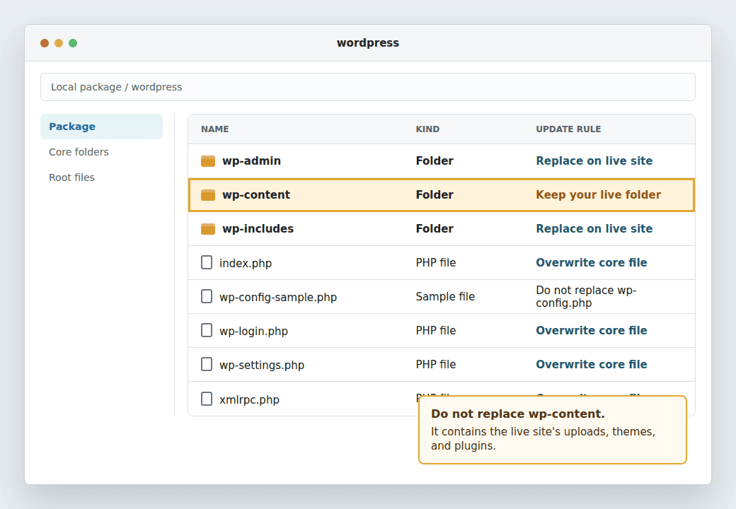 Extracted WordPress package showing wp-admin wp-includes and wp-content