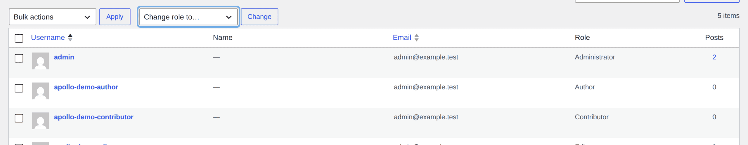 WordPress Users list bulk role change control