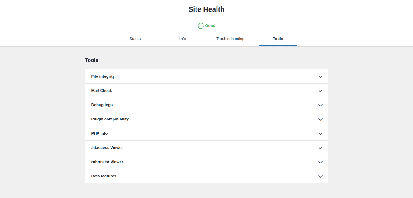 Health Check tools list with plugin compatibility and diagnostic tools