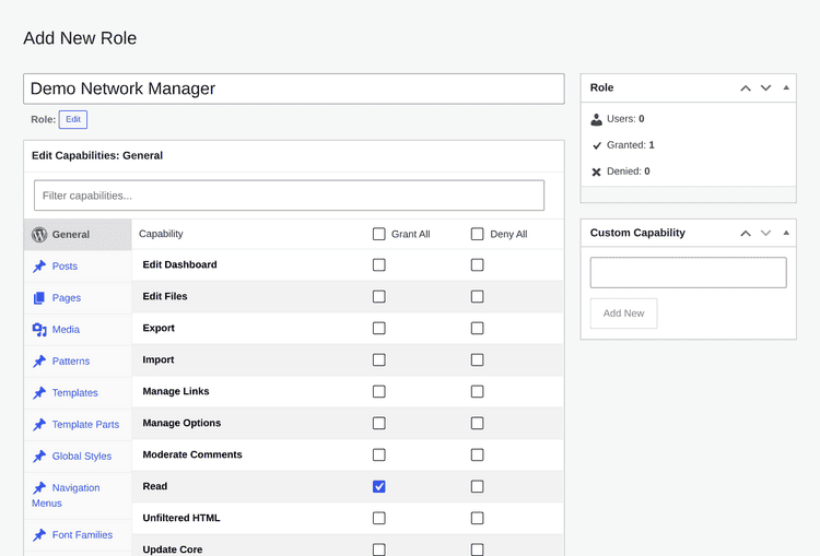 Members role editor showing capability controls