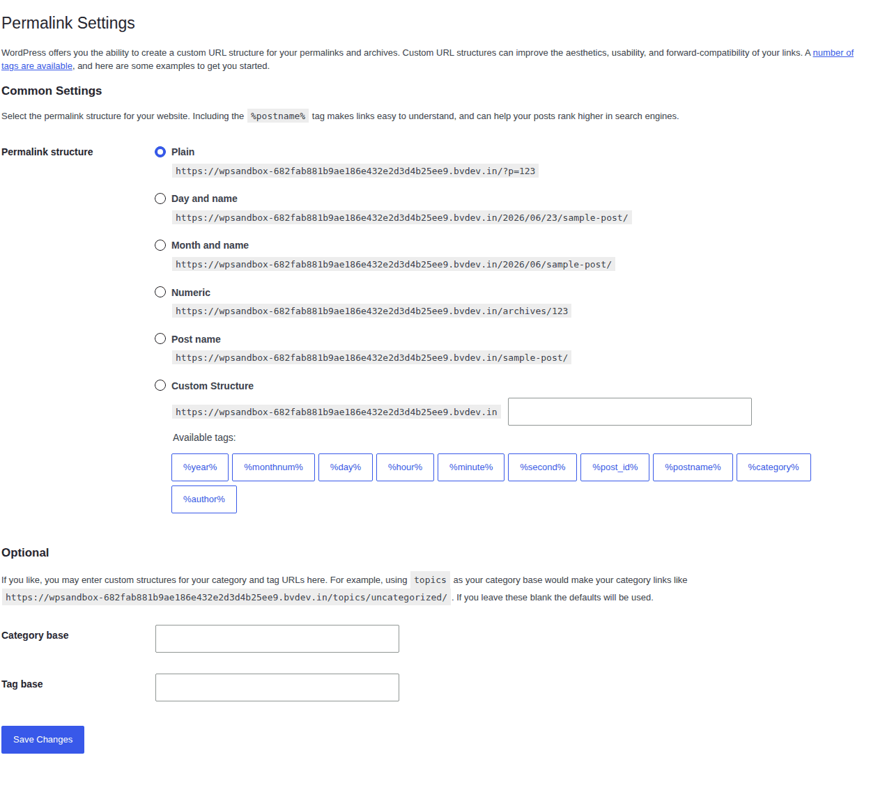 WordPress Permalink Settings screen for regenerating .htaccess rules