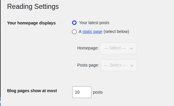 WordPress Reading settings showing homepage display controls