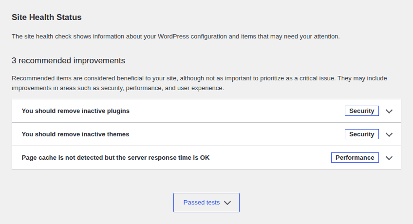 WordPress Site Health screen used to check server readiness