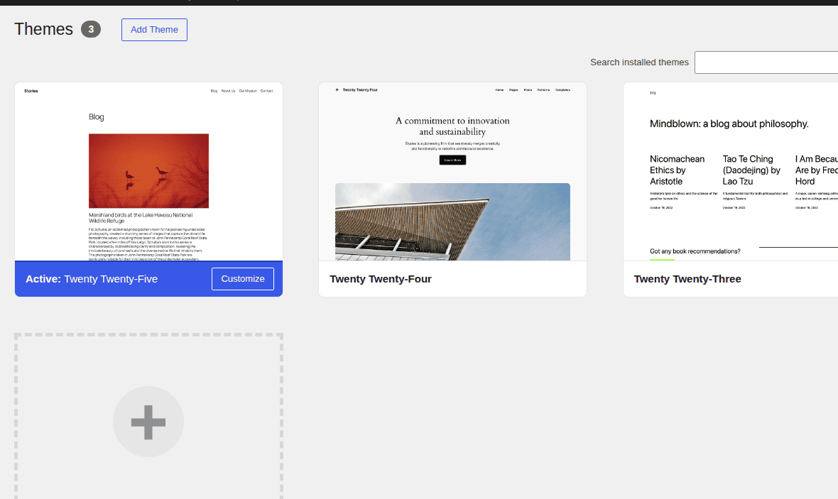 Single-site WordPress Themes screen showing theme choice