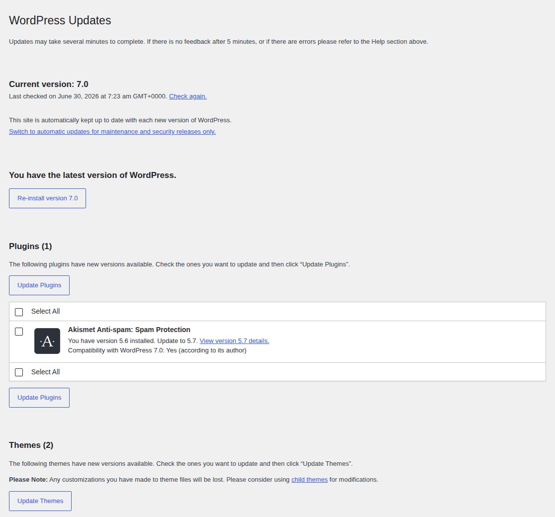 WordPress Updates screen warning users to back up before updating