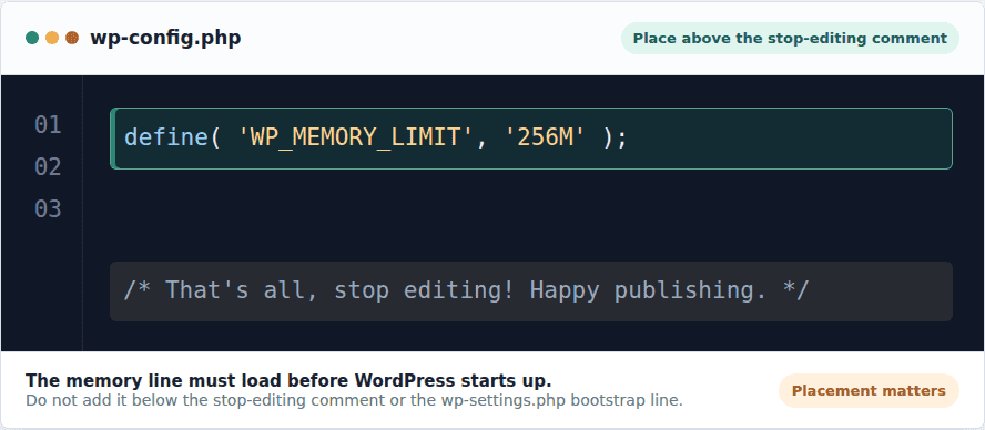 Correct wp-config.php placement for WP_MEMORY_LIMIT above the stop-editing line