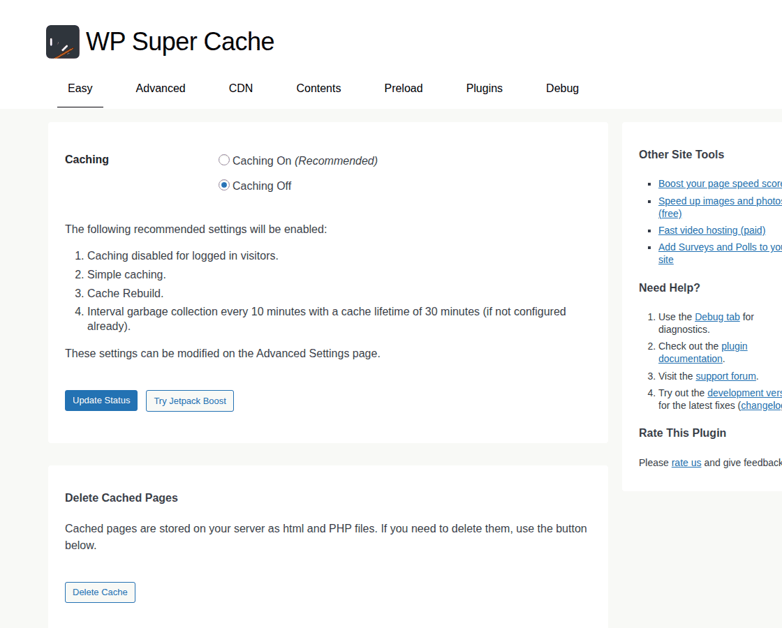 WP Super Cache settings page with caching controls