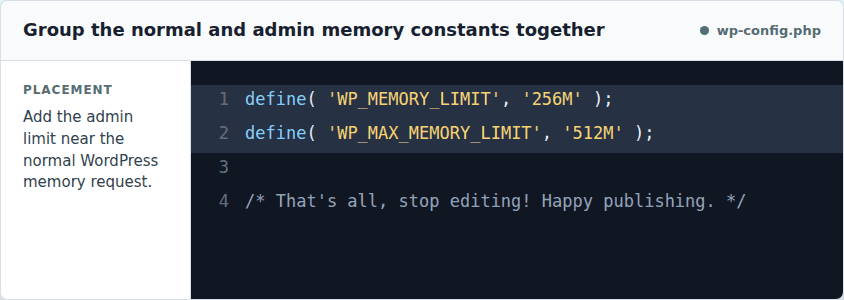 WP_MEMORY_LIMIT and WP_MAX_MEMORY_LIMIT shown together in wp-config.php