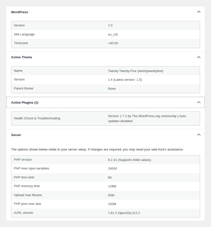 WordPress Site Health Info screen showing server and WordPress details