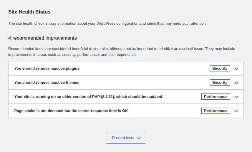 WordPress Site Health status screen for server troubleshooting context