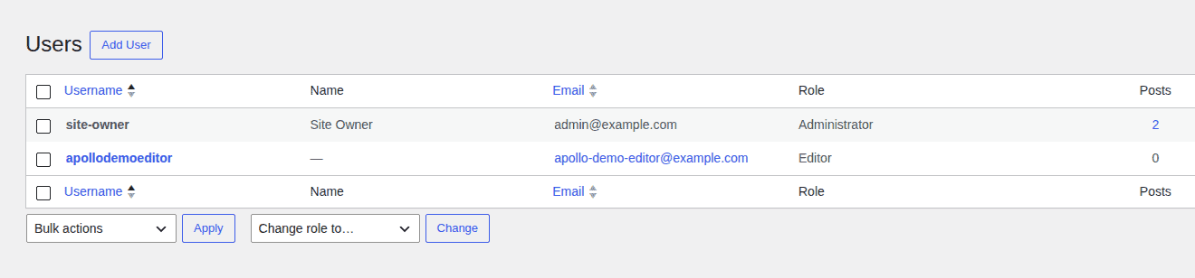 Single-site WordPress Users table showing local roles