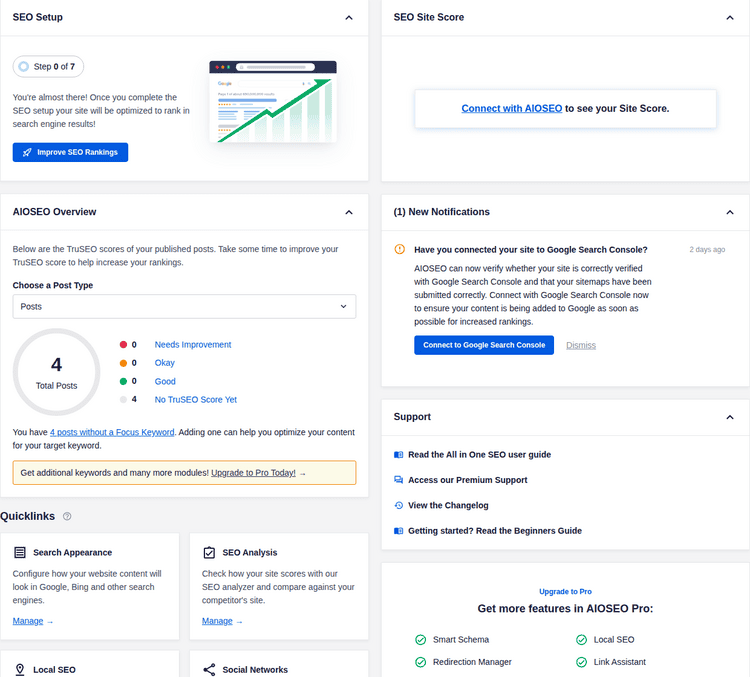 AIOSEO dashboard showing a structured SEO overview