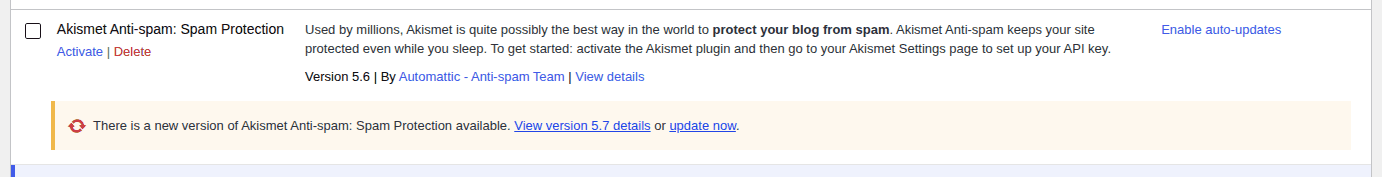 Plugin row showing an available update notice