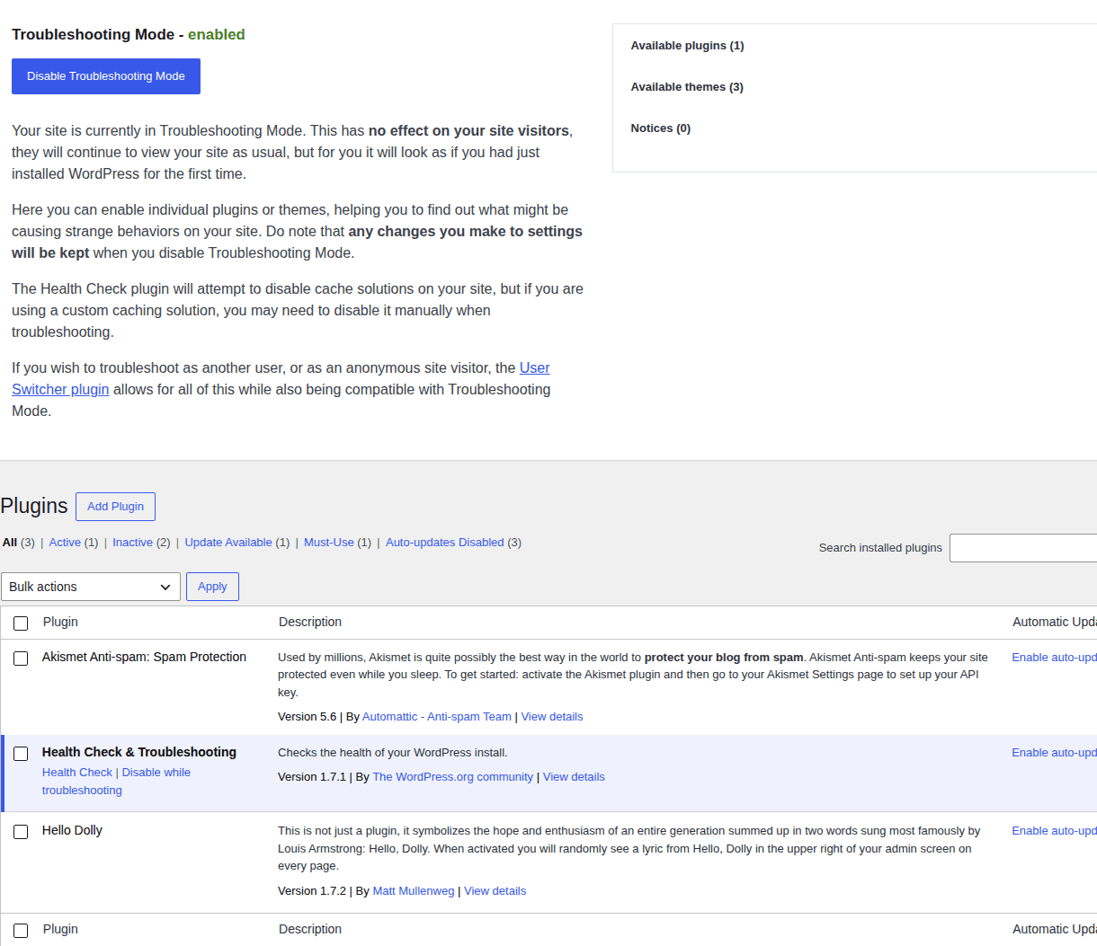 Health Check troubleshooting mode for session-only plugin testing